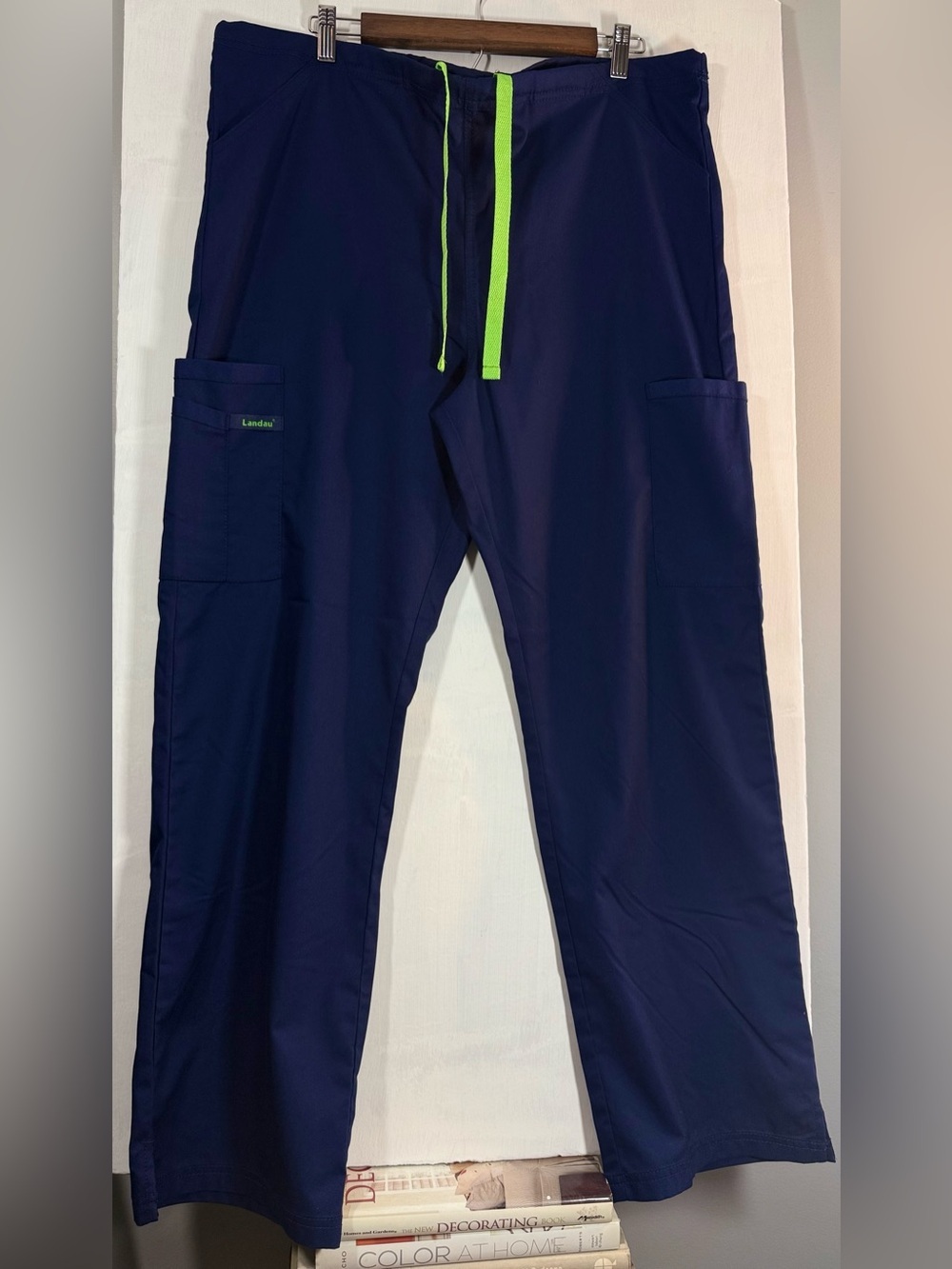 Landau Proflex Unisex size Medium Navy Cargo Scrub Pants with Lime Drawstring